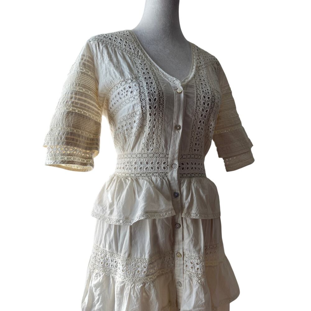 LoveShackFancy Rebecca 100% Cotton White Lace Embroidered Tiered Midi Dress - Picture 9 of 14